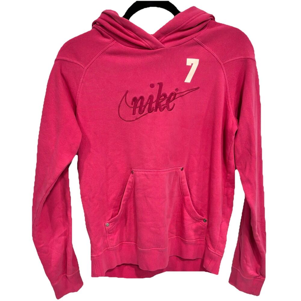 VTG Nike Therma-FIT Hoodie Women’s M Pink Script Logo Pullover Fleece Y2K Retro